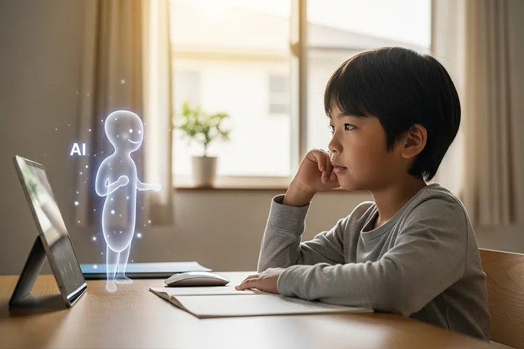 日本人の子どもがAIアシスタントと向き合いながら学んでいる様子の実写イメージ