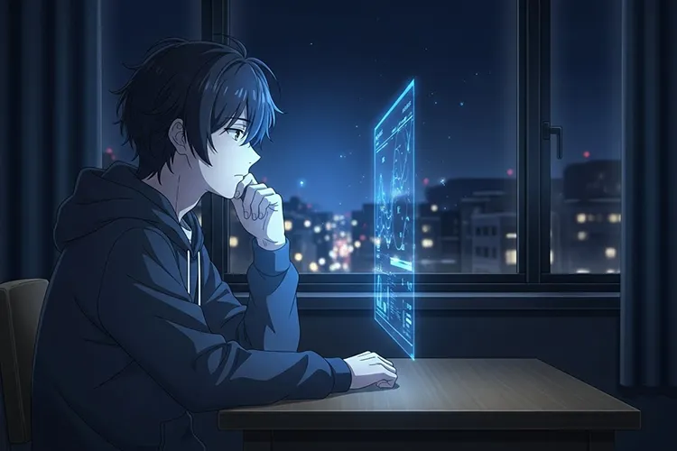 静かな夜のまちにAIの情報インターフェースが浮かぶアニメ調のイラスト