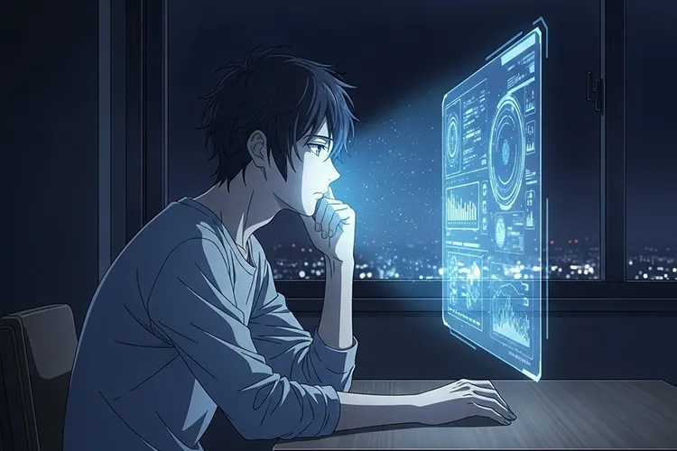 静かな夜のまちにAIの情報インターフェースが浮かぶアニメ調のイラスト