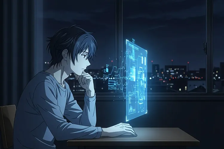 静かな夜のまちにAIの情報インターフェースが浮かぶアニメ調のイラスト