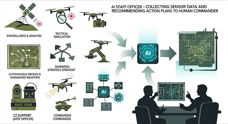 AI参謀がセンサー情報を収集→分析→指揮官に行動案をレコメンドするフロー