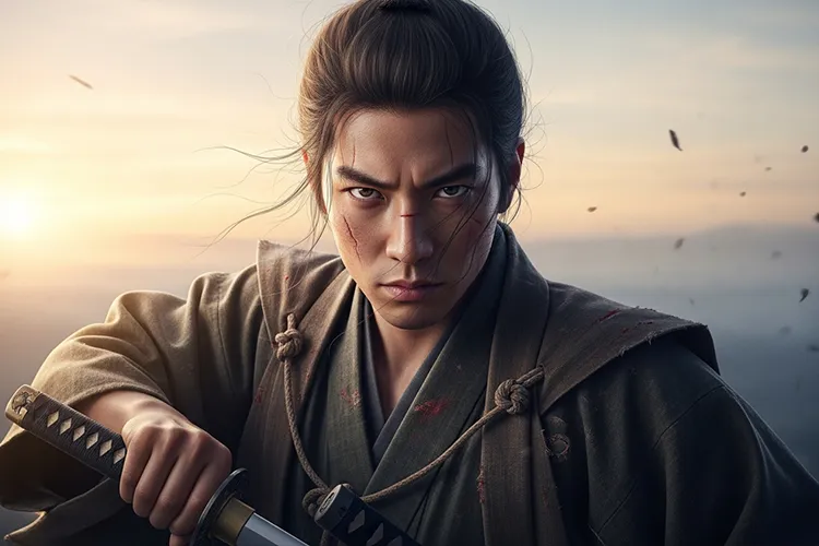 決意に満ちた表情で刀を握る若き侍。風が吹く夕景のリアルイラスト