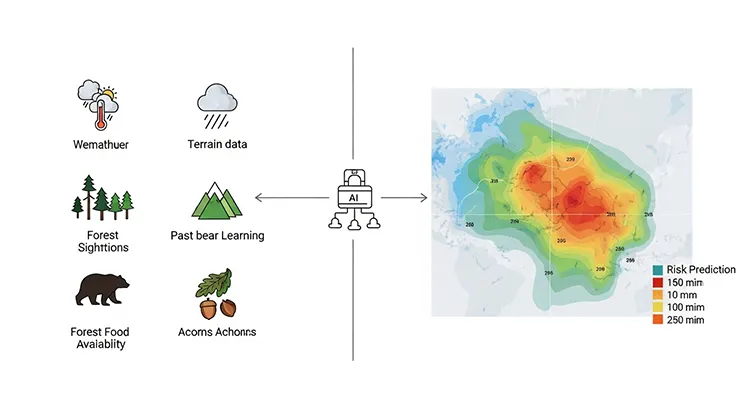 図：熊出没予測モデルの構成 - 気象データ・地形データ・過去の出没記録→機械学習モデル→危険度予測マップ）