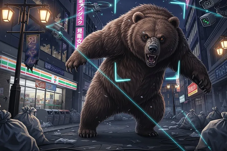 夜の都会を荒々しく徘徊するアーバンベアをAIが監視しているイラスト