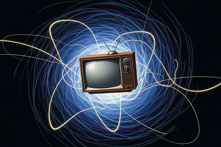 暗闇に浮かぶテレビと放送電波を抽象的に表現したイラスト