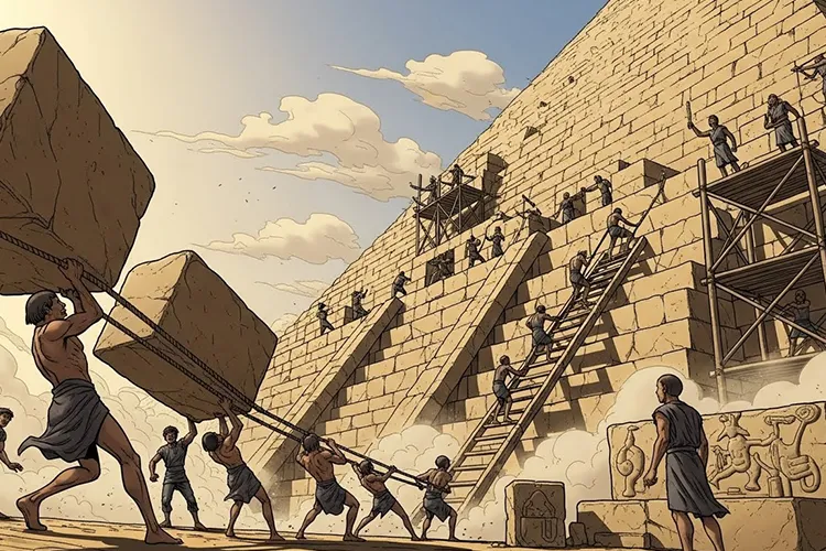 砂漠の太陽の下でピラミッドを人力で建設する様子を劇画タッチで描いたイラスト