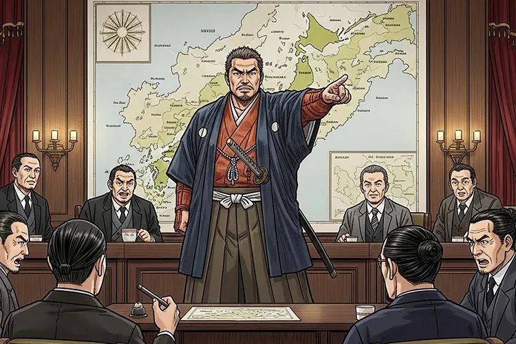 西郷隆盛が明治政府の会議室で日本地図を指す姿を描いたフルカラー漫画風イラスト。