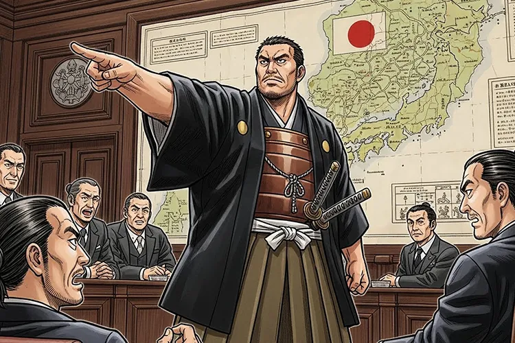 西郷隆盛が明治政府の会議室で日本地図を指す姿を描いたフルカラー漫画風イラスト。