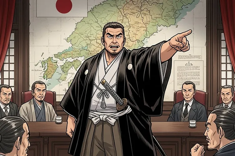 西郷隆盛が明治政府の会議室で日本地図を指す姿を描いたフルカラー漫画風イラスト。