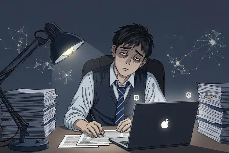 心が働きすぎて疲弊したサラリーマンの姿を象徴的に描いたイラスト