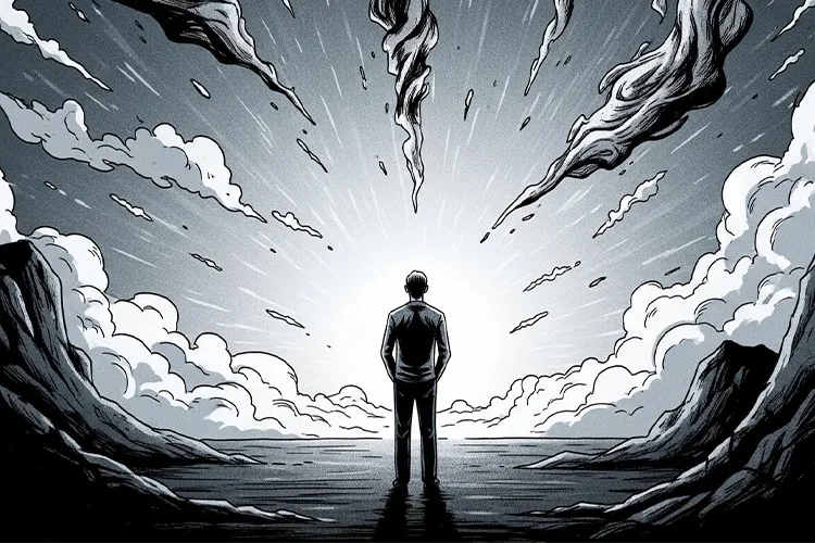 死後の世界について考え込み、立ち止まる一人の人間を描いた劇画調イラスト