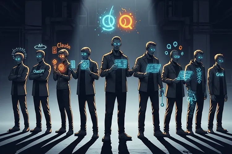 8つのAIモデルを擬人化したキャラクターが劇画タッチで描かれた群像イラスト。