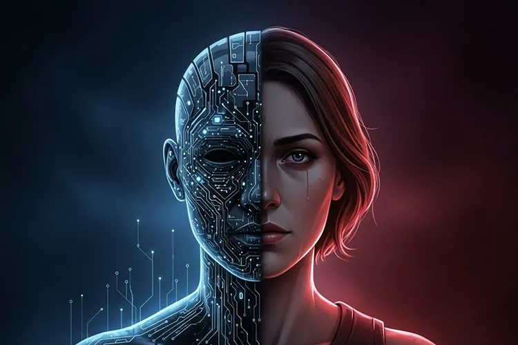 AIの判断における「公平さ」と人間の価値観の境界を象徴的に描いたイラスト