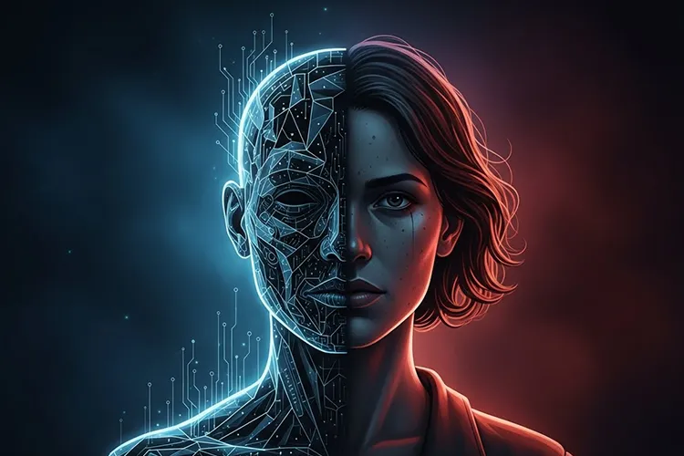 AIの判断における「公平さ」と人間の価値観の境界を象徴的に描いたイラスト