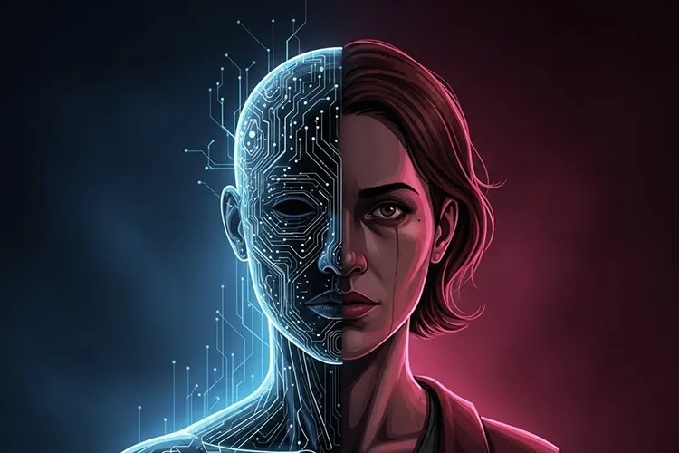 AIの判断における「公平さ」と人間の価値観の境界を象徴的に描いたイラスト