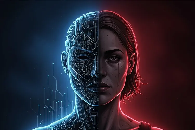 AIの判断における「公平さ」と人間の価値観の境界を象徴的に描いたイラスト