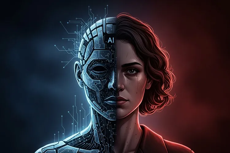 AIの判断における「公平さ」と人間の価値観の境界を象徴的に描いたイラスト