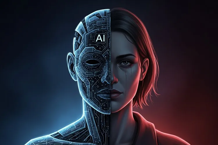 AIの判断における「公平さ」と人間の価値観の境界を象徴的に描いたイラスト