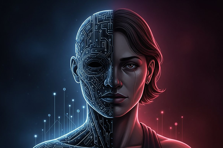 AIの判断における「公平さ」と人間の価値観の境界を象徴的に描いたイラスト