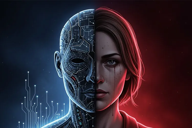 AIの判断における「公平さ」と人間の価値観の境界を象徴的に描いたイラスト