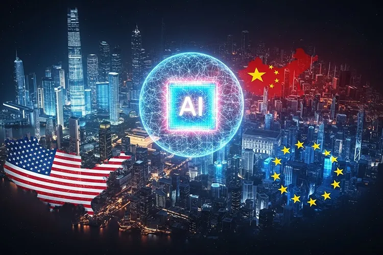 AI覇権をめぐる米中欧の競争構造を、抽象的なAI中核と三極の空間表現で描いたイラスト