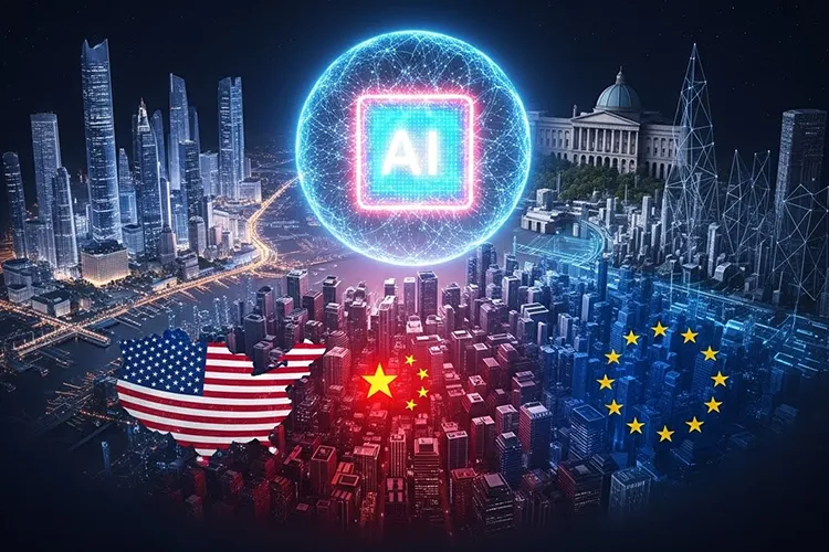 AI覇権をめぐる米中欧の競争構造を、抽象的なAI中核と三極の空間表現で描いたイラスト