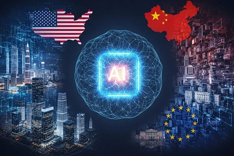 AI覇権をめぐる米中欧の競争構造を、抽象的なAI中核と三極の空間表現で描いたイラスト