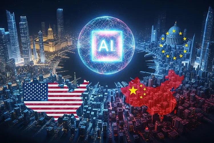 AI覇権をめぐる米中欧の競争構造を、抽象的なAI中核と三極の空間表現で描いたイラスト