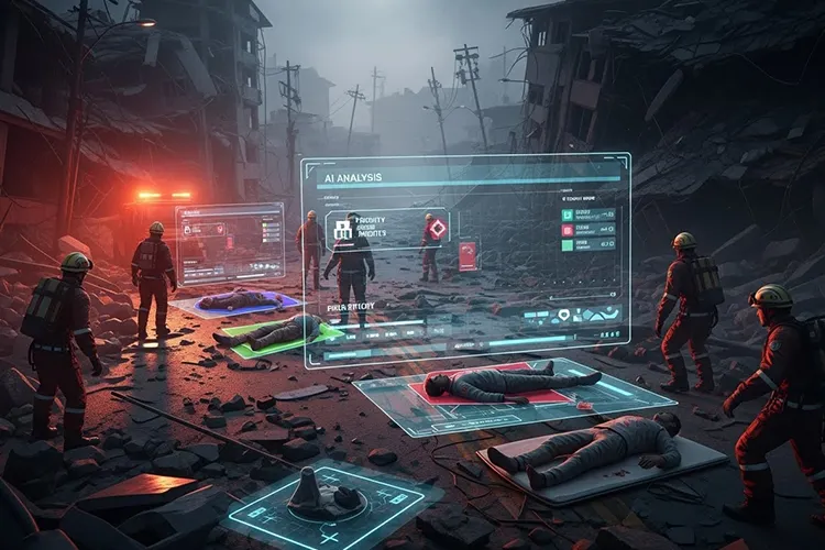 AIが救助優先度を示す災害現場の劇画イラスト