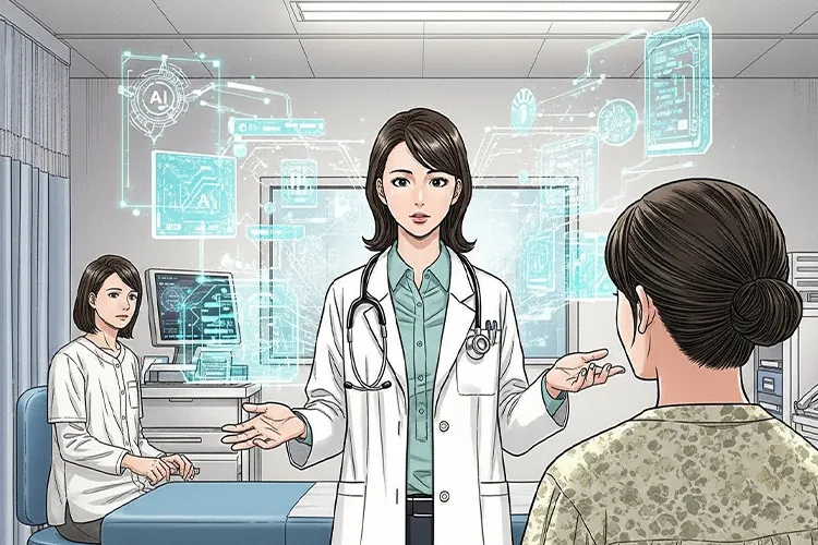 AIの支援を受けながら患者に向き合う女医の診察風景を描いた劇画タッチのイラスト