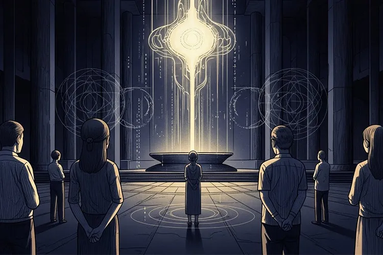 AIによって生まれた新しい宗教的概念を象徴的に描いた神秘的なイラストで、光を放つ抽象的な中心構造と、それを静かに見つめる人々の姿が描かれている