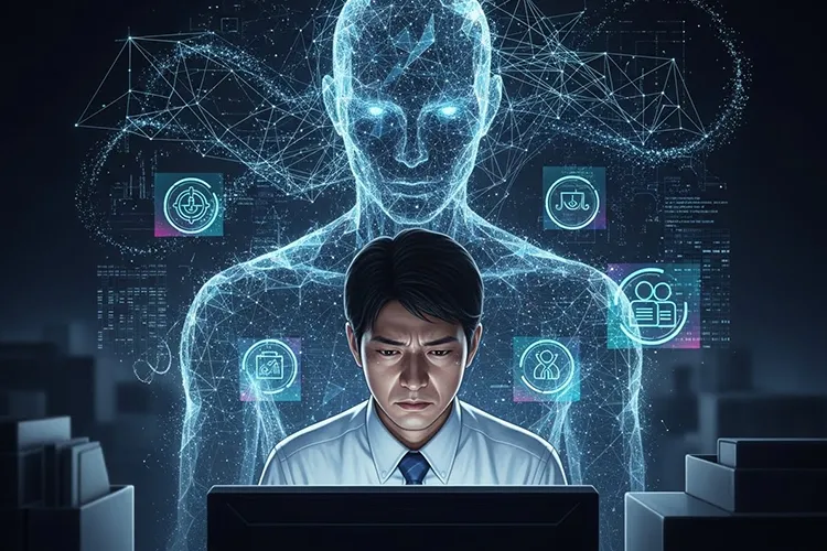 AIの存在と責任の重さに向き合う日本人オフィスワーカーが正面から描かれ、背後には抽象的なデジタル知性が浮かぶ劇画風イラスト