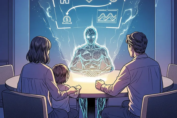 AIと家族が未来の生活プランを話し合う漫画風イラスト