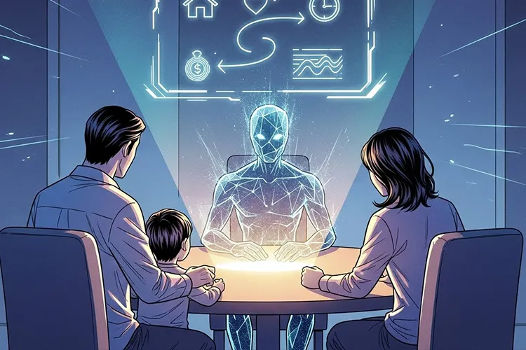 AIと家族が未来の生活プランを話し合う漫画風イラスト