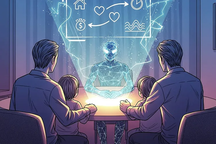 AIと家族が未来の生活プランを話し合う漫画風イラスト