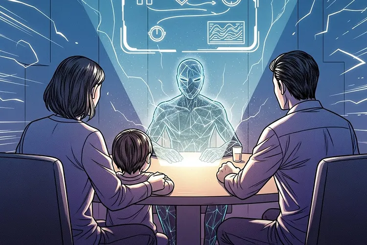 AIと家族が未来の生活プランを話し合う漫画風イラスト