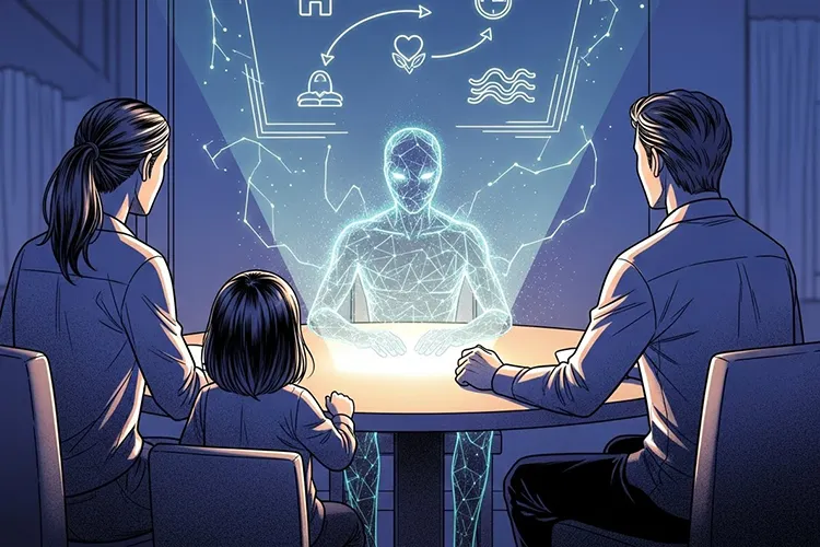 AIと家族が未来の生活プランを話し合う漫画風イラスト