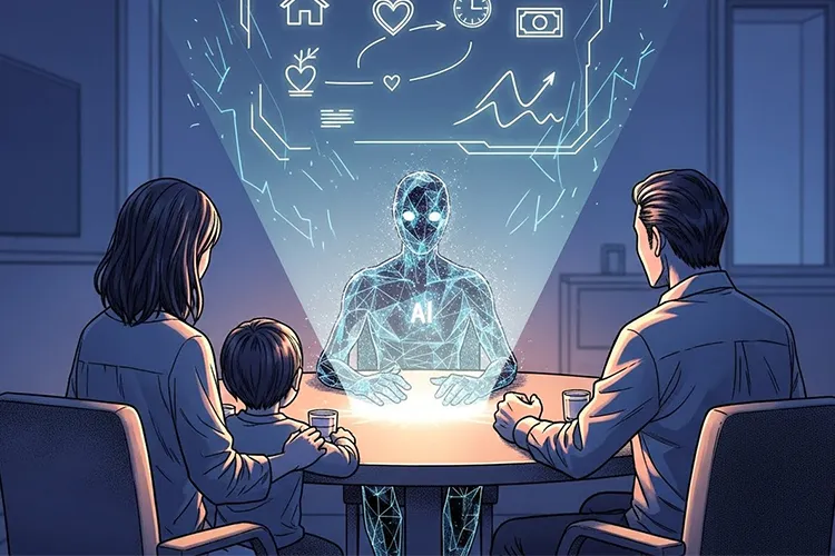 AIと家族が未来の生活プランを話し合う漫画風イラスト