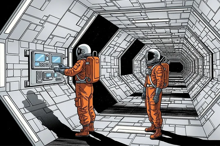 六角形に連なる近未来的な宇宙船内部で、オレンジ色の宇宙服を着た宇宙飛行士が壁面パネルを操作している様子