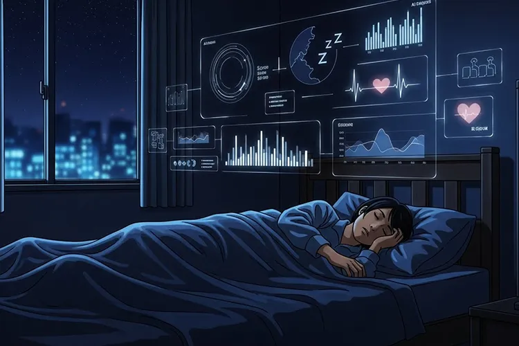 夜中に眠れず横たわる日本人ビジネスマンの上に、睡眠リズムや心拍などのAI解析オーバーレイが浮かぶ劇画風のリアルなイラスト
