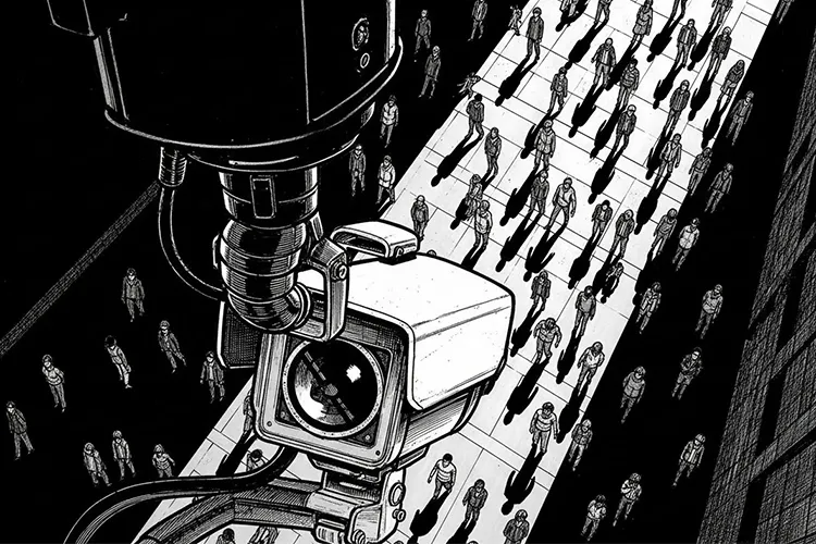 雑踏を見下ろす位置から監視カメラが群衆を追う劇画タッチの場面