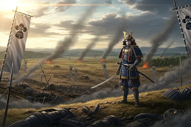 明智光秀を象徴する武将が戦国時代の戦場に立ち、戦いの後の静かな勝利を迎えているアニメ調イラスト