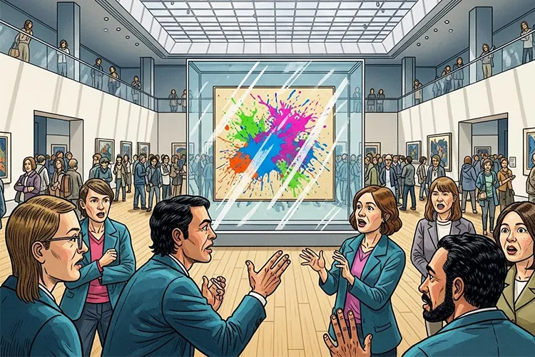 明るい美術館でアート作品のガラスに塗料がかかった抗議と、驚く来館者を描いた劇画タッチのイラスト
