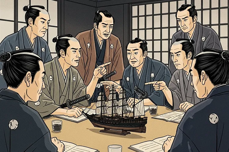 幕末の武士たちが黒船の模型を囲み、緊張感のある議論を交わす劇画調イラスト