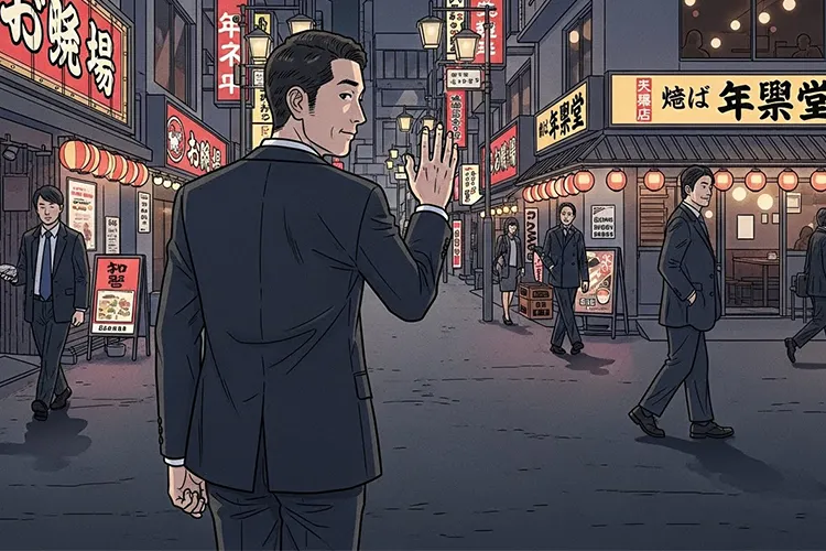 日本の繁華街でサラリーマンが手を振り去っていく、忘年会離れと職場文化の変化を表現したイラスト