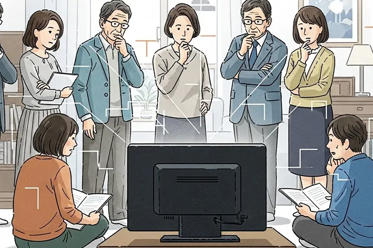 日本の公共放送制度の構造と影響を象徴的に描いた編集イラスト