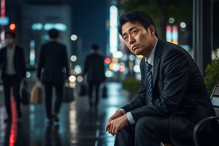 夜の都会でベンチに座り、無気力に遠くを見つめる疲れた日本人サラリーマンの実写写真