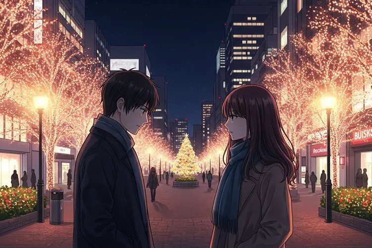 クリスマスのイルミネーションに包まれた街中で、深刻な話し合いをする男女のカップル