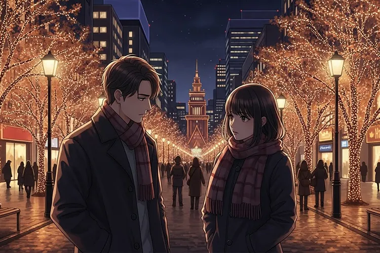 クリスマスのイルミネーションに包まれた街中で、深刻な話し合いをする男女のカップル