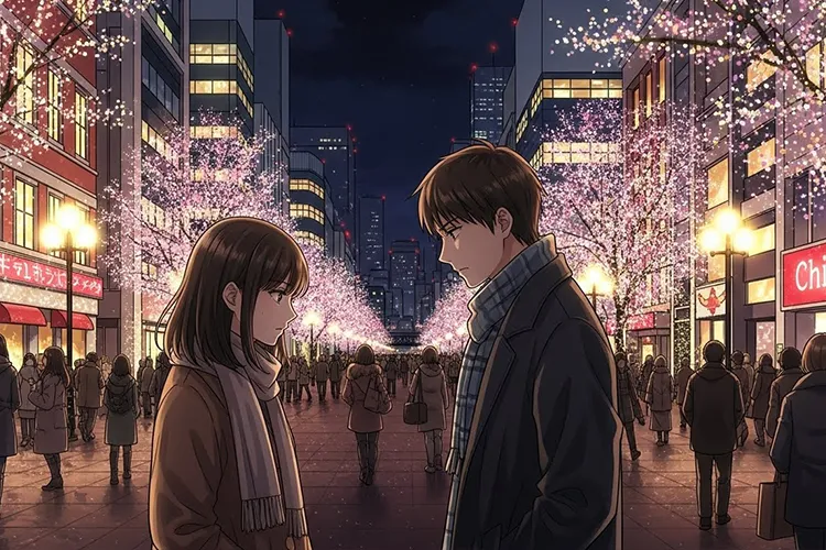 クリスマスのイルミネーションに包まれた街中で、深刻な話し合いをする男女のカップル